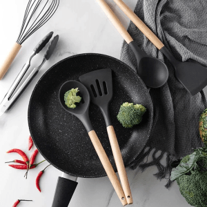 12-Piece Silicone Kitchen Utensil Set with Wooden Handles – Heat Resistant, Non-Toxic, Random Color