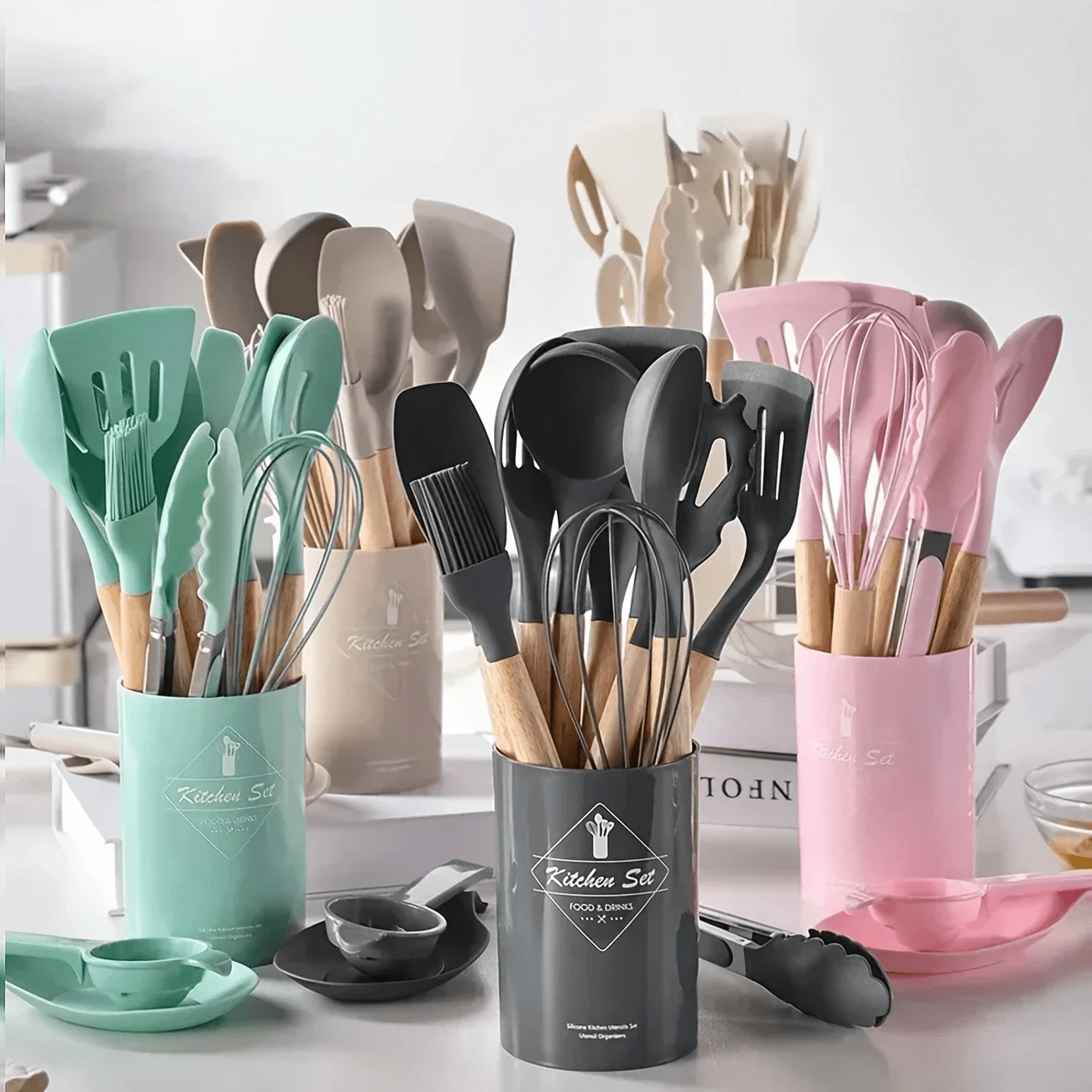 12-Piece Silicone Kitchen Utensil Set with Wooden Handles – Heat Resistant, Non-Toxic, Random Color