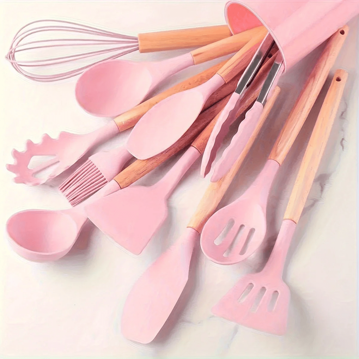 12-Piece Silicone Kitchen Utensil Set with Wooden Handles – Heat Resistant, Non-Toxic, Random Color
