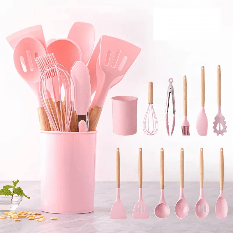 12-Piece Silicone Kitchen Utensil Set with Wooden Handles – Heat Resistant, Non-Toxic, Random Color
