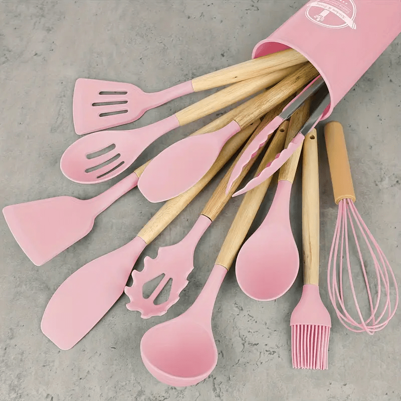 12-Piece Silicone Kitchen Utensil Set with Wooden Handles – Heat Resistant, Non-Toxic, Random Color